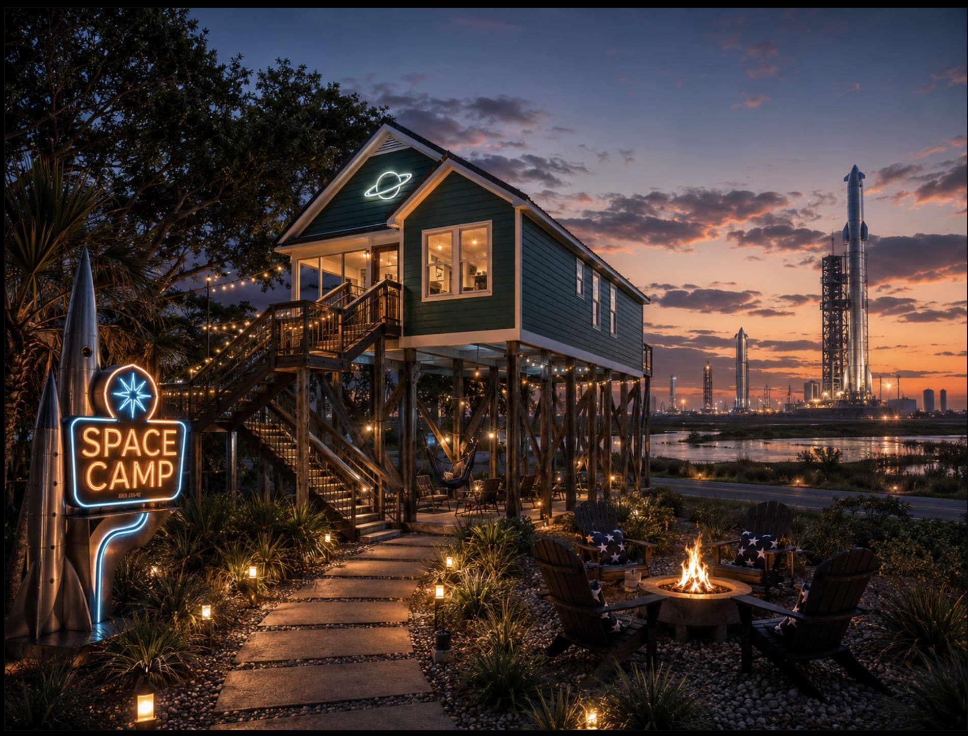 Space Camp at dusk — a green stilted Louisiana camp with a neon sign, fire pit, and rockets on the horizon