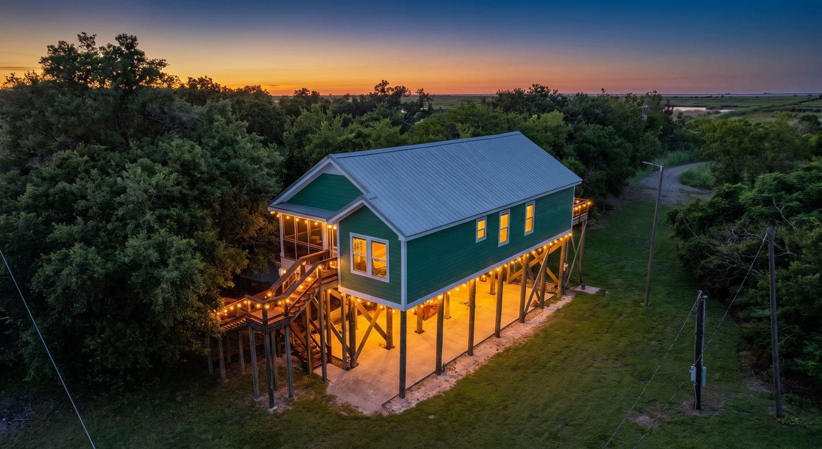 The camp's teal roof from above